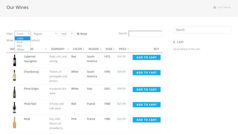 A wines product table with drop-down filters.