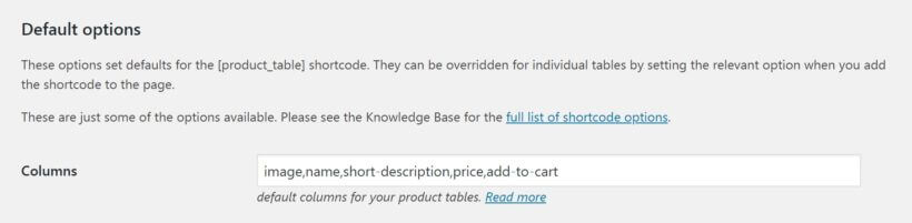 Setting up columns in WooCommerce Product Table.