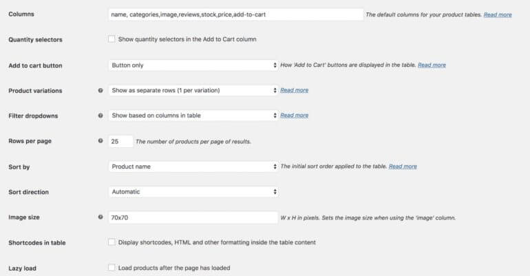 woocommerce product display table settings