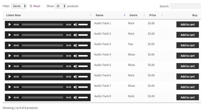 WooCommerce audio store table