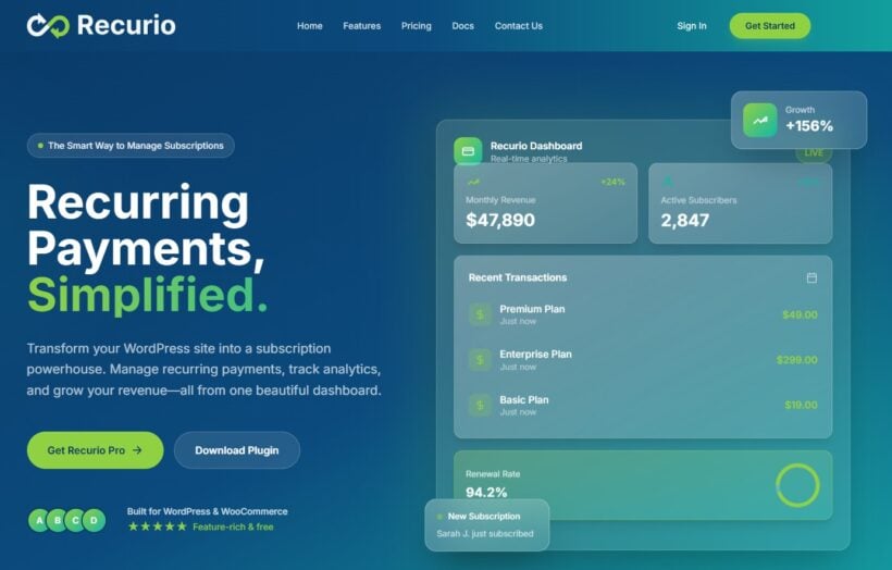 Recurio subscription payments plugin homepage