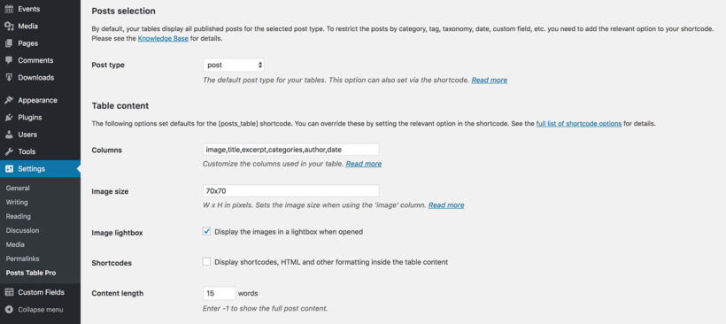 Posts Table Pro WordPress plugin settings page