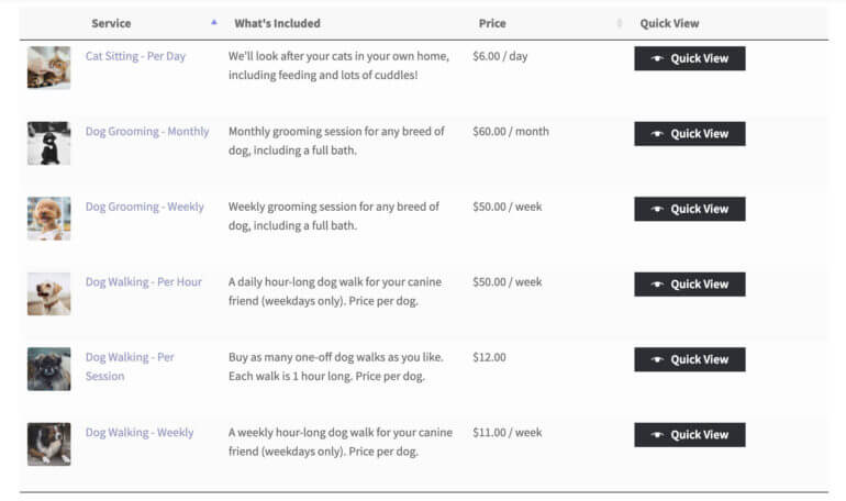 WooCommerce-product table quick view services with subscriptions plugin