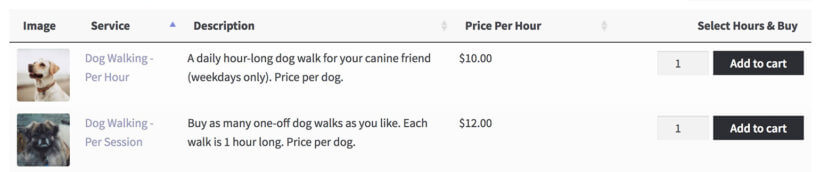 Dog walking services priced per hour listed in a WooCommerce product table