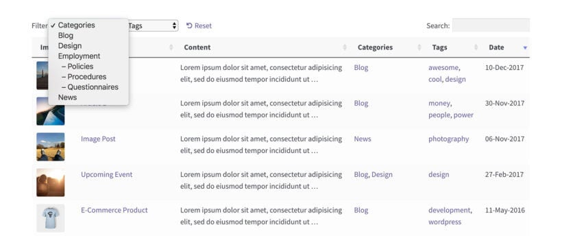 WordPress table plugin hierarchical category filters