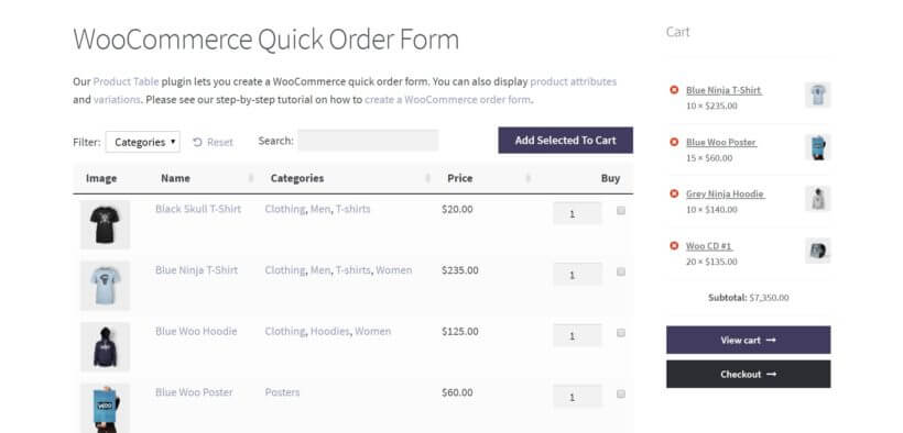 A bulk order form and WooCommerce cart widget.