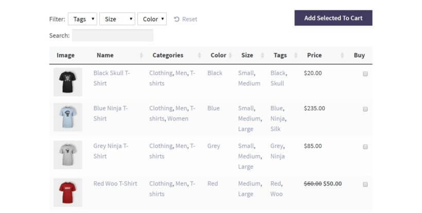 An example of a WooCommerce product table.