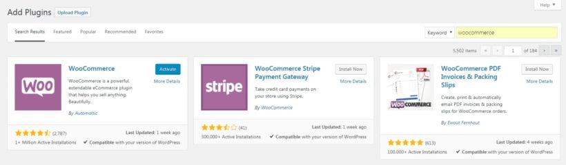 Activating the WooCommerce plugin.