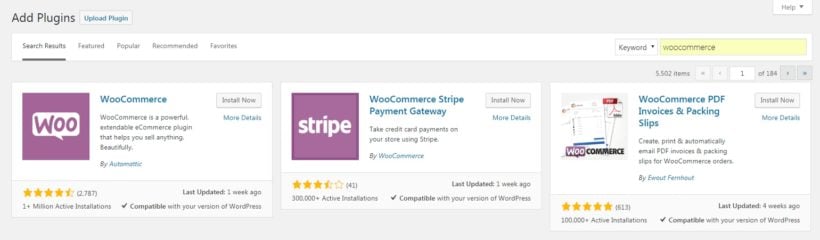 Installing the WooCommerce plugin.