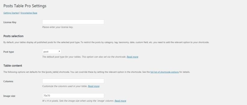 The Posts Table Pro license key field.