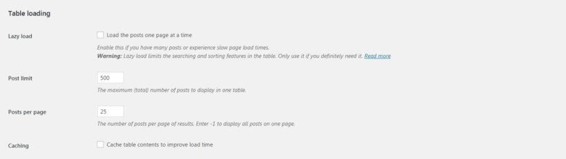 The Posts Table Pro loading settings.