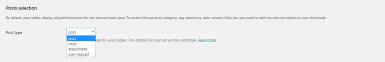 The Posts Table Pro post type setting.