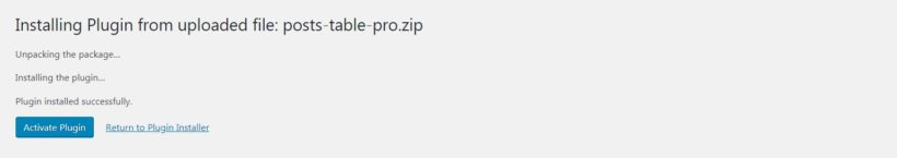 Activating the Posts Table Pro plugin.