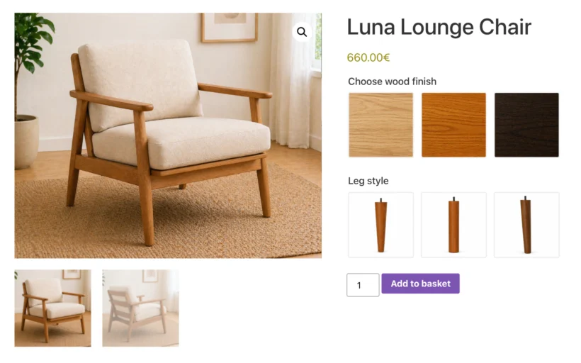 Furniture product configurator letting customers choose a lounge chair wood finish and leg style
