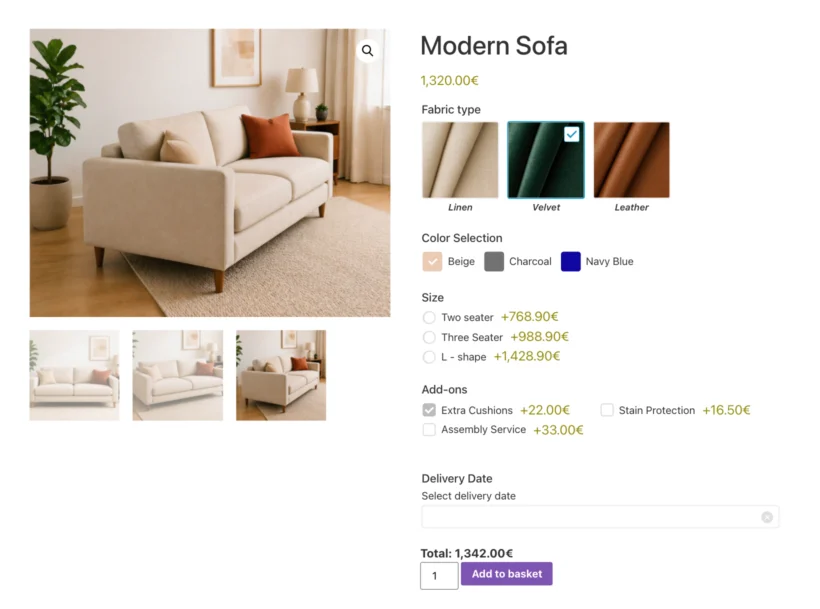 Modular sofa product page with fabric, colour, size and add-on options updating the price