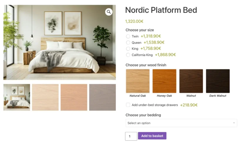 Platform bed product page offering size, wood finish, storage and bedding options for selling furniture online