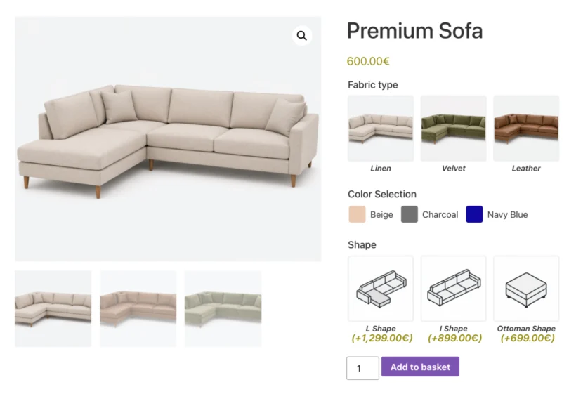 Premium sofa page with image swatches for fabric and shape so customers see each finish
