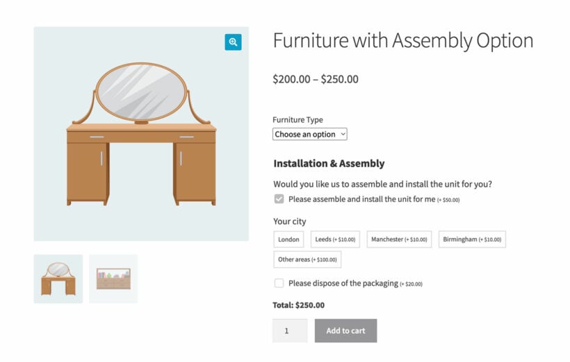 WooCommerce Product Options furniture assembly fields