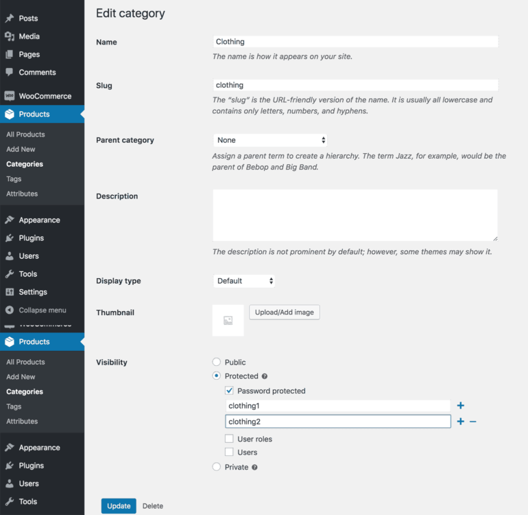 WooCommerce edit category password