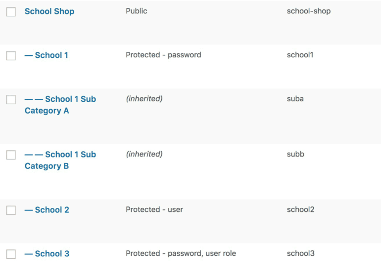 WooCommerce hidden shop schools category structure