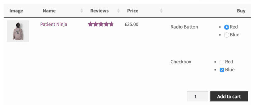 WooCommerce product checkbox radio buttons