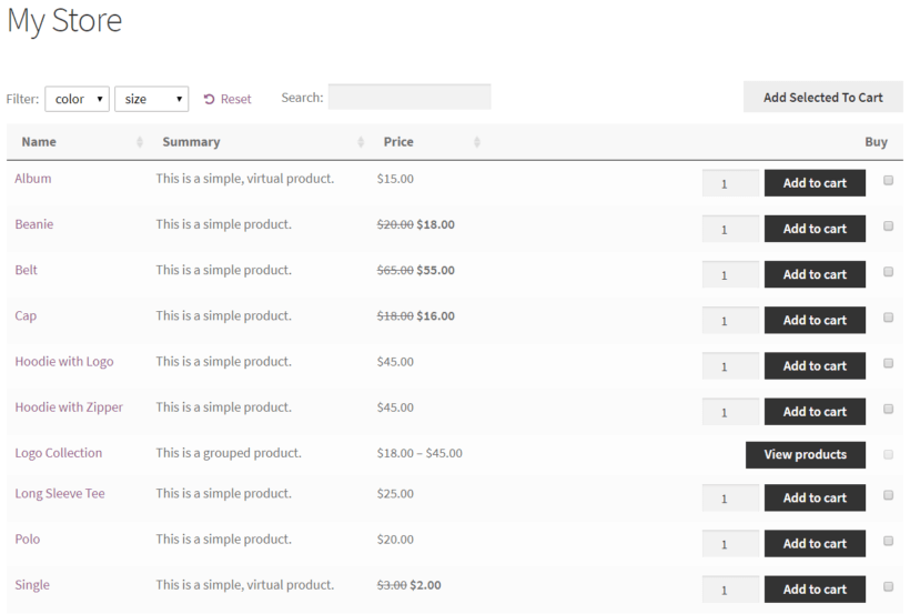 WooCommerce Product Table's default table layout