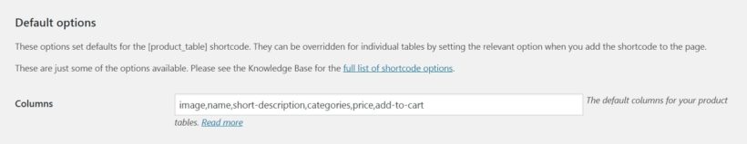 The WooCommerce Product Table columns setting.