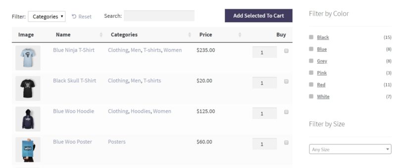 A filters widget on a WooCommerce page.