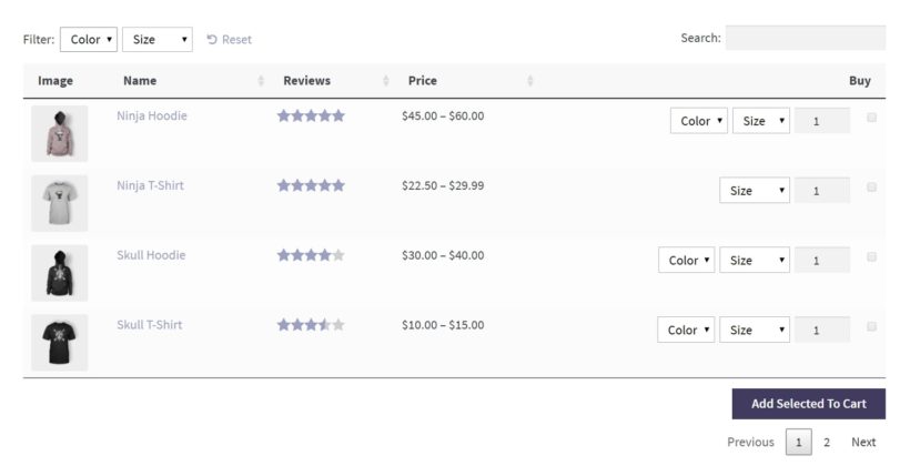 An example of a WooCommerce Product Table with variations.