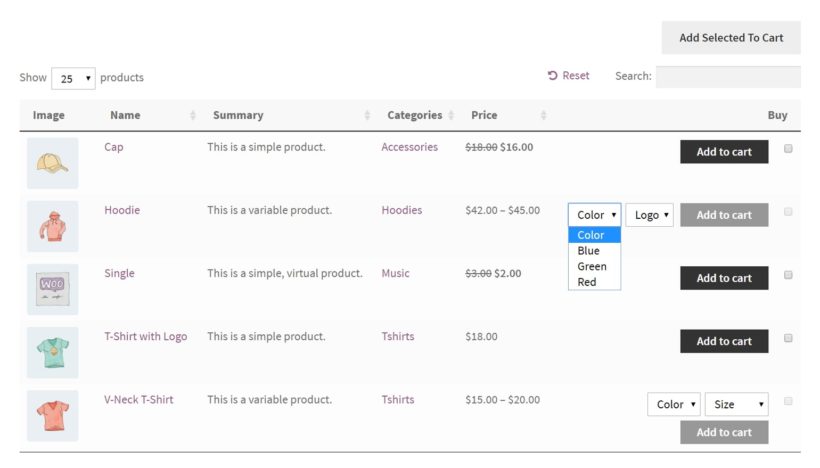 A WooCommerce product table with drop-down variations.