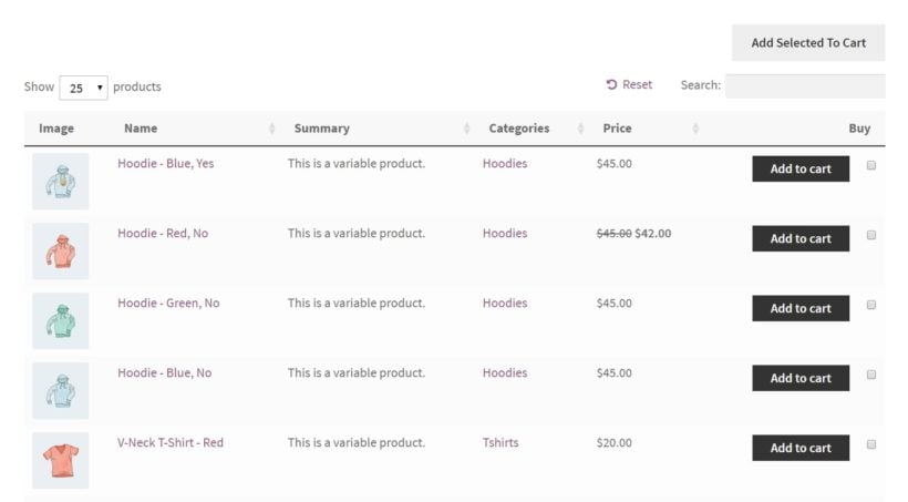 A WooCommerce product table with variations on individual rows.