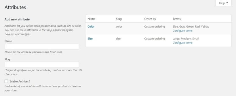 The WooCommerce product attributes page.