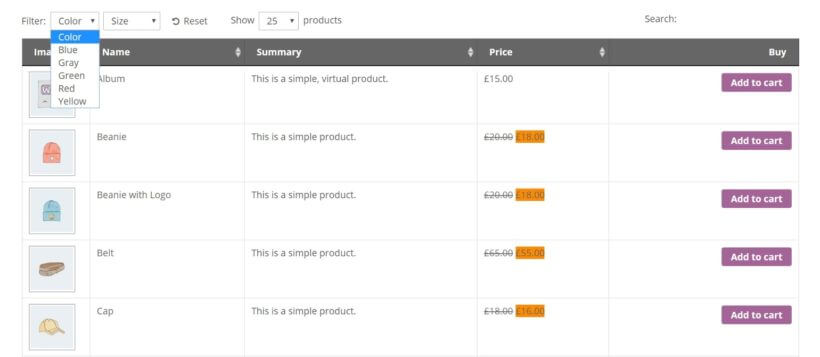 An example of a WooCommerce product table displaying attributes as drop-down menus.