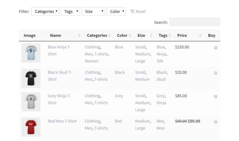 An example of a WooCommerce product table displaying attributes.