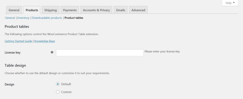 The WooCommerce Product Table settings.