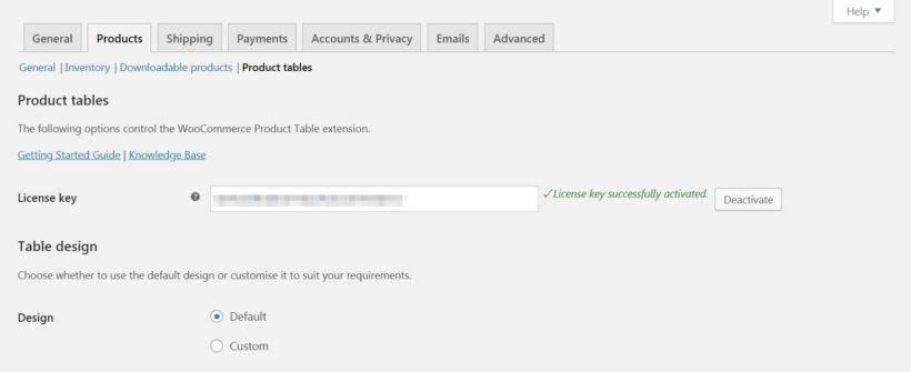 The WooCommerce Product Table settings.