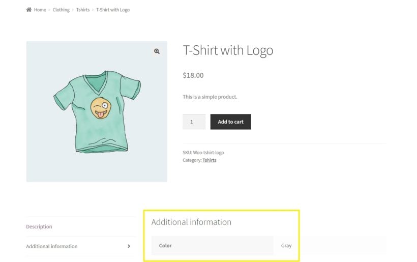 A WooCommerce product page displaying attributes.