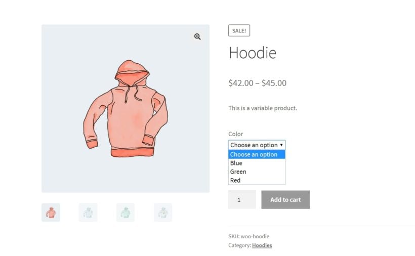 An example of a generic WooCommerce product page with variations.