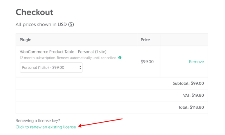 Checkout renew existing license