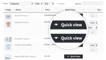 WooCommerce Product Table Quick View Magnifying Glass