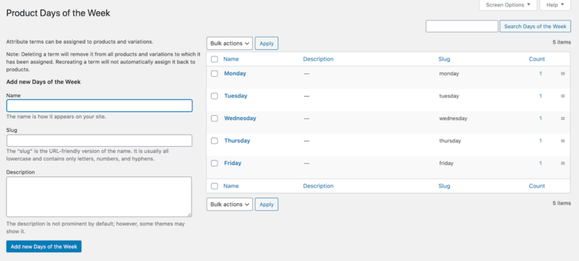 WooCommerce attributes