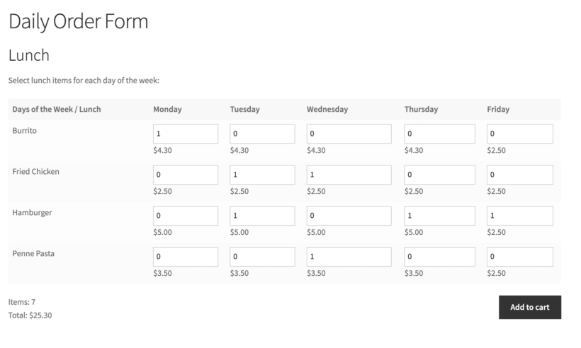 Daily order form grid layout