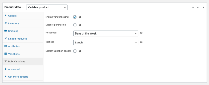 WooCommerce Bulk Variations settings