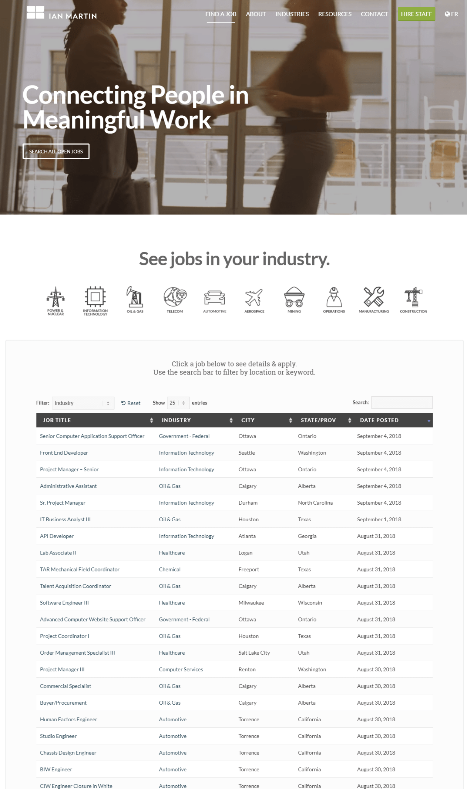 Using a table view to optimize website and information architecture for jobs