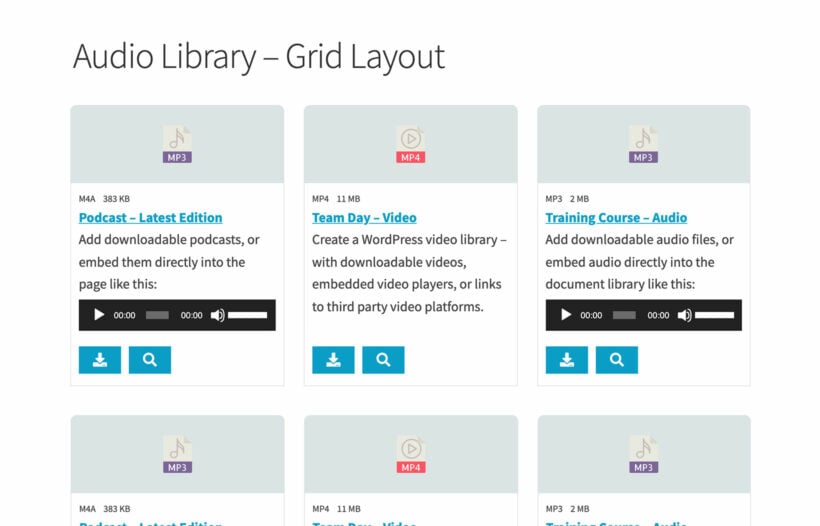 WordPress audio library grid layout