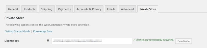 Entering your WooCommerce Private Store license key.