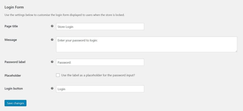 WooCommerce Private Store login form settings.