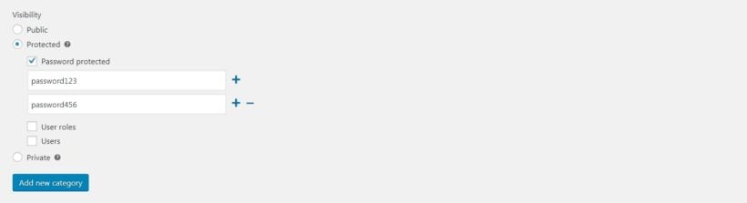 The WooCommerce Product Categories Visibility section with two passwords.