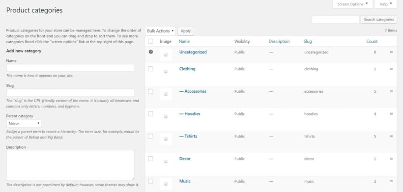 Product categories in WooCommerce.