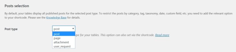 The Posts Table Pro post type setting.